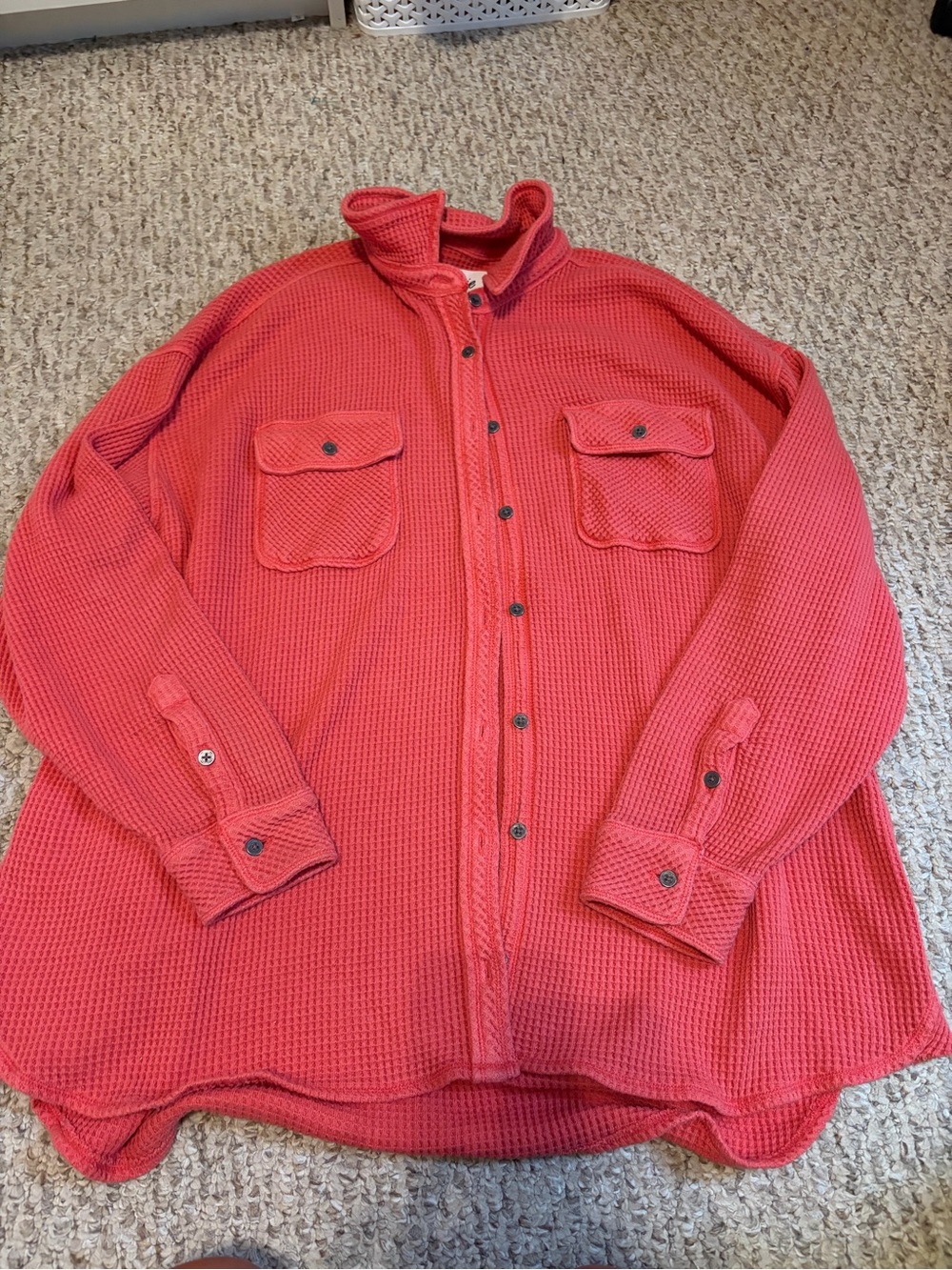 aerie Coral Red Waffle Knit Shirt Jacket